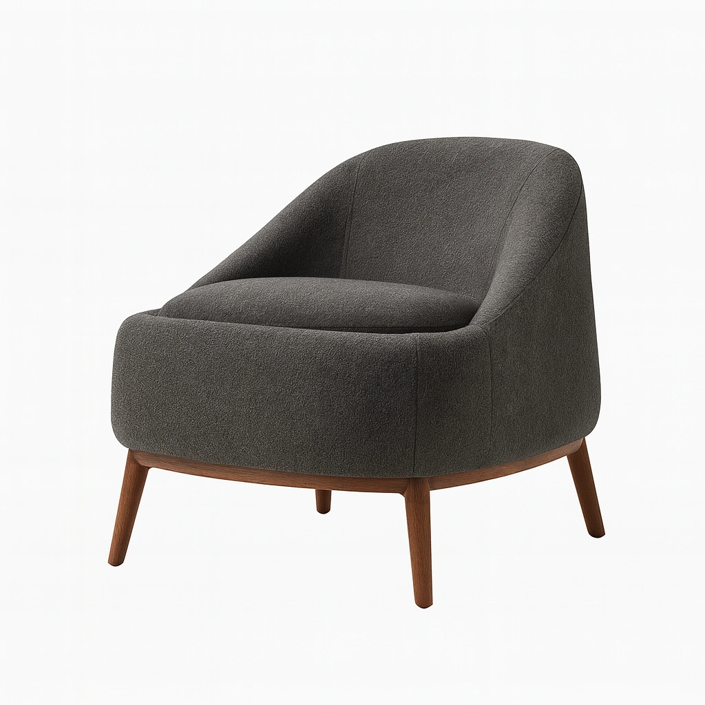 Poltrona imbottita in tessuto grigio con base in legno, design moderno per soggiorno-woodhomecraft